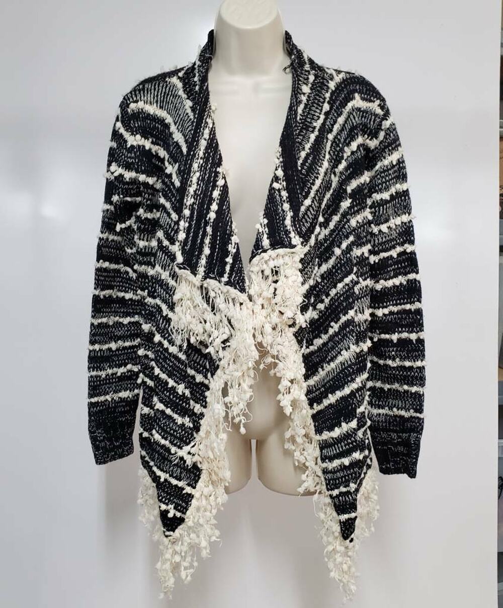La Fee Verte Womens S Fringe Sweater Cardigan Anthropologie Black Stripe New